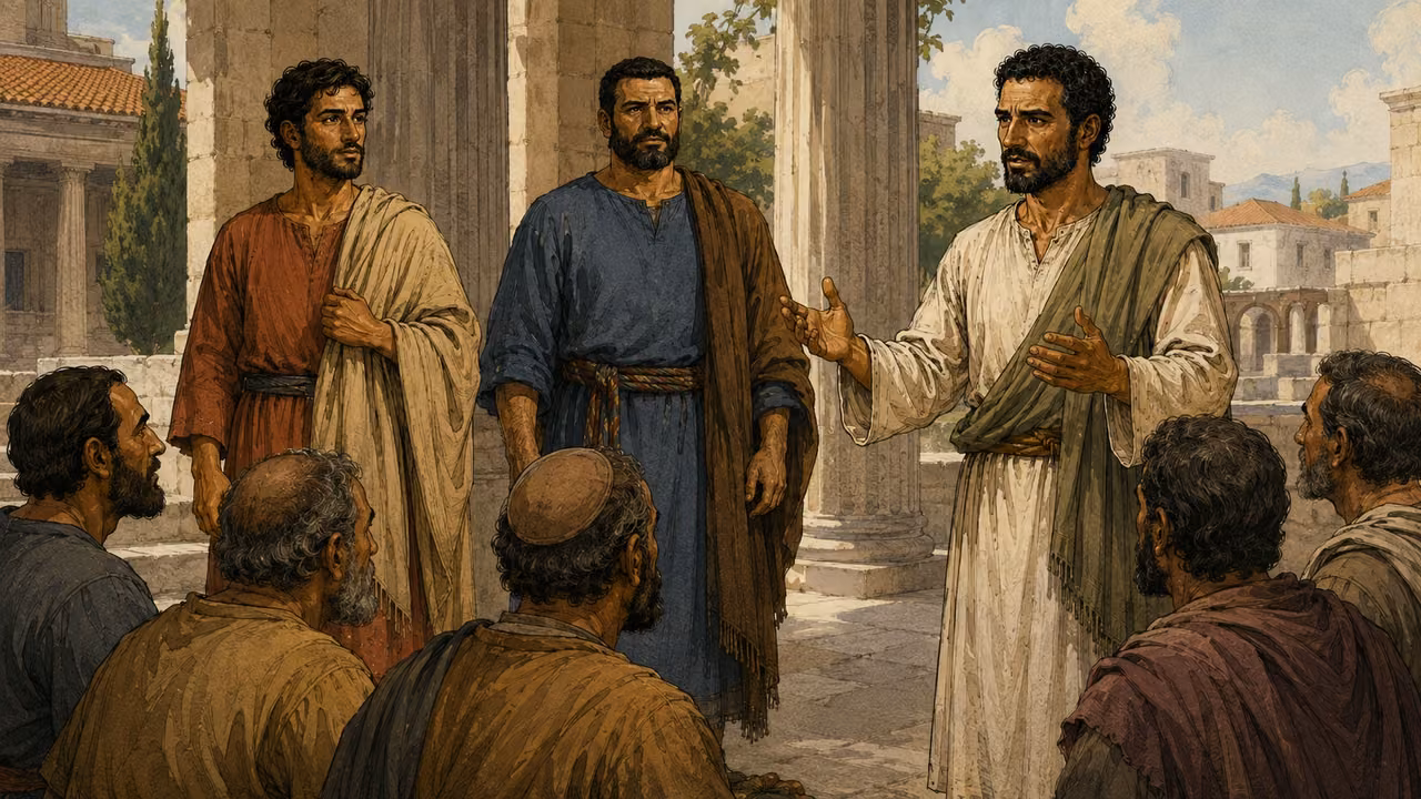 Silas and Timothy stand listening as Paul earnestly testifies to seated adult listeners in Corinth.