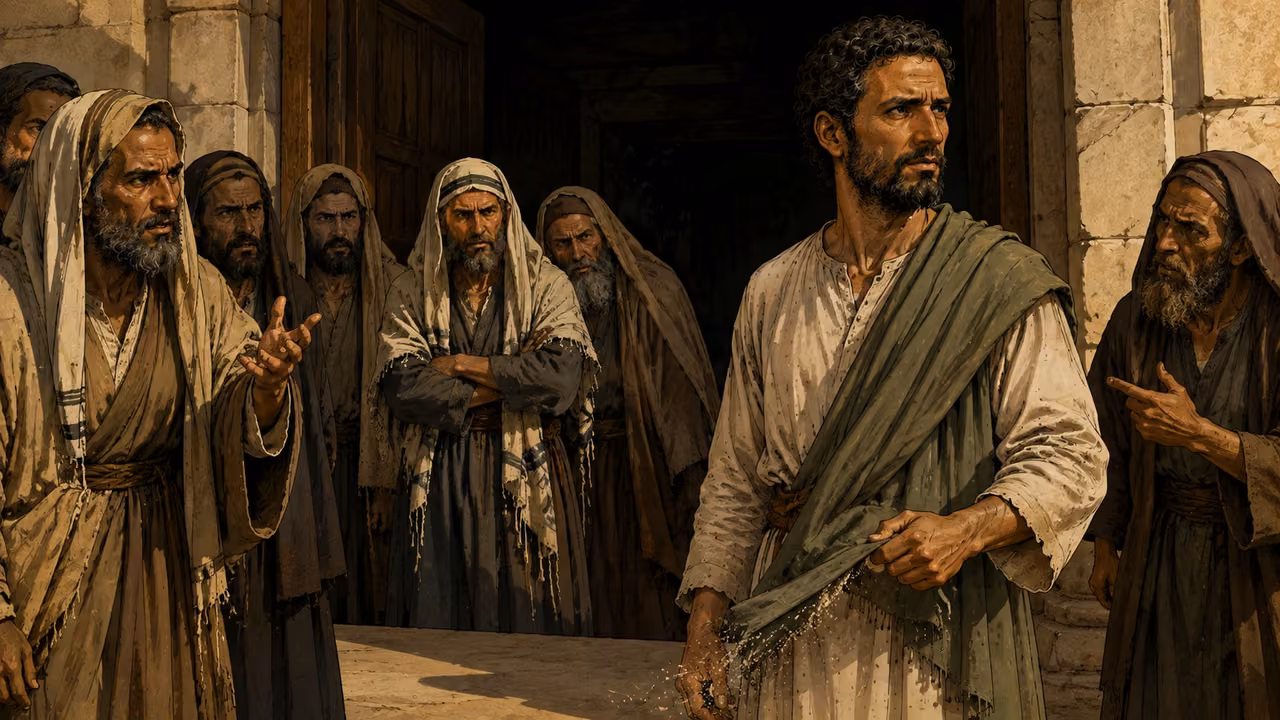 Paul stands at the synagogue threshold shaking dust from the lower edge of his own green mantle as several individual opponents object.
