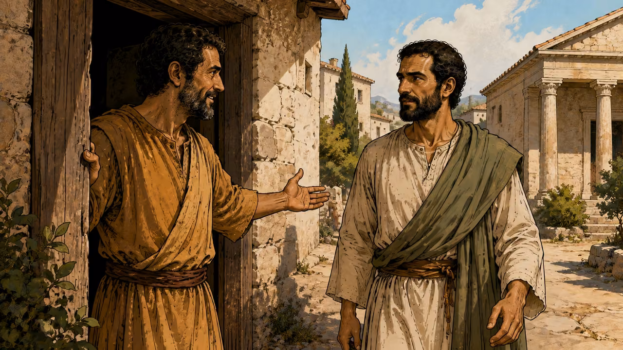 Paul enters Titius Justus house next to a modest synagogue.