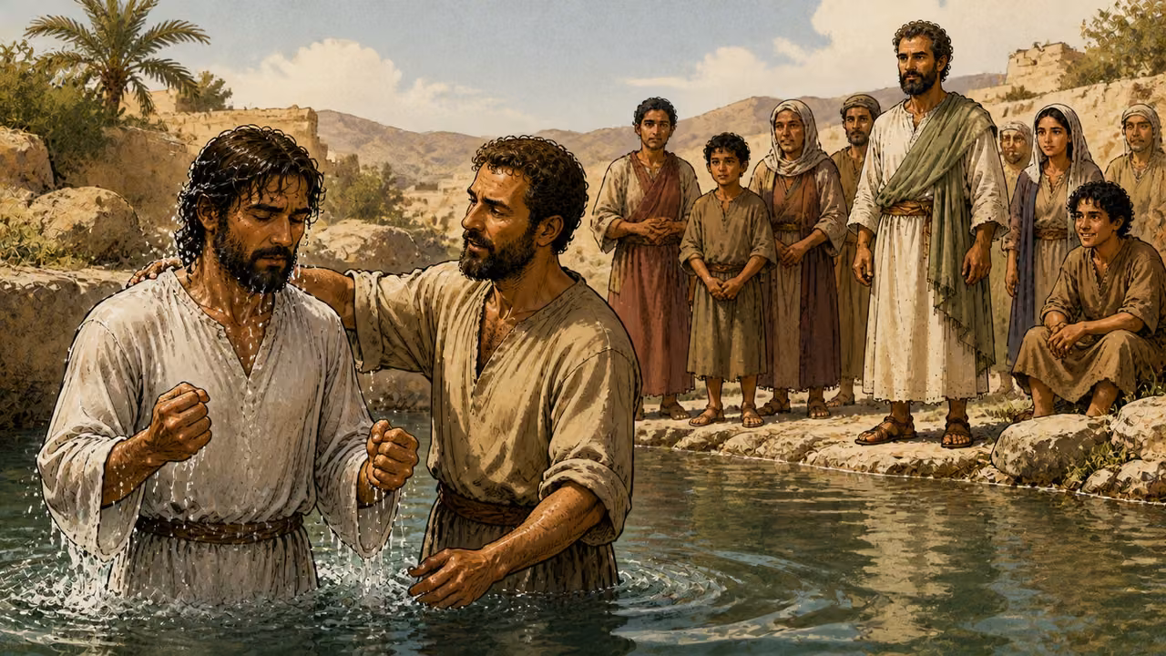 A fully clothed adult Corinthian rises from baptism in a modest outdoor pool with a local believer beside him.