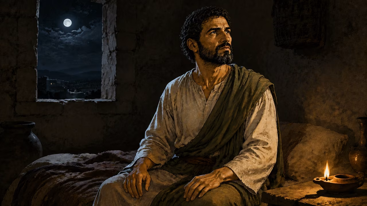 Paul sits awake at night in a small dim room receiving reassurance in a vision, attentive uplifted face and still hands.