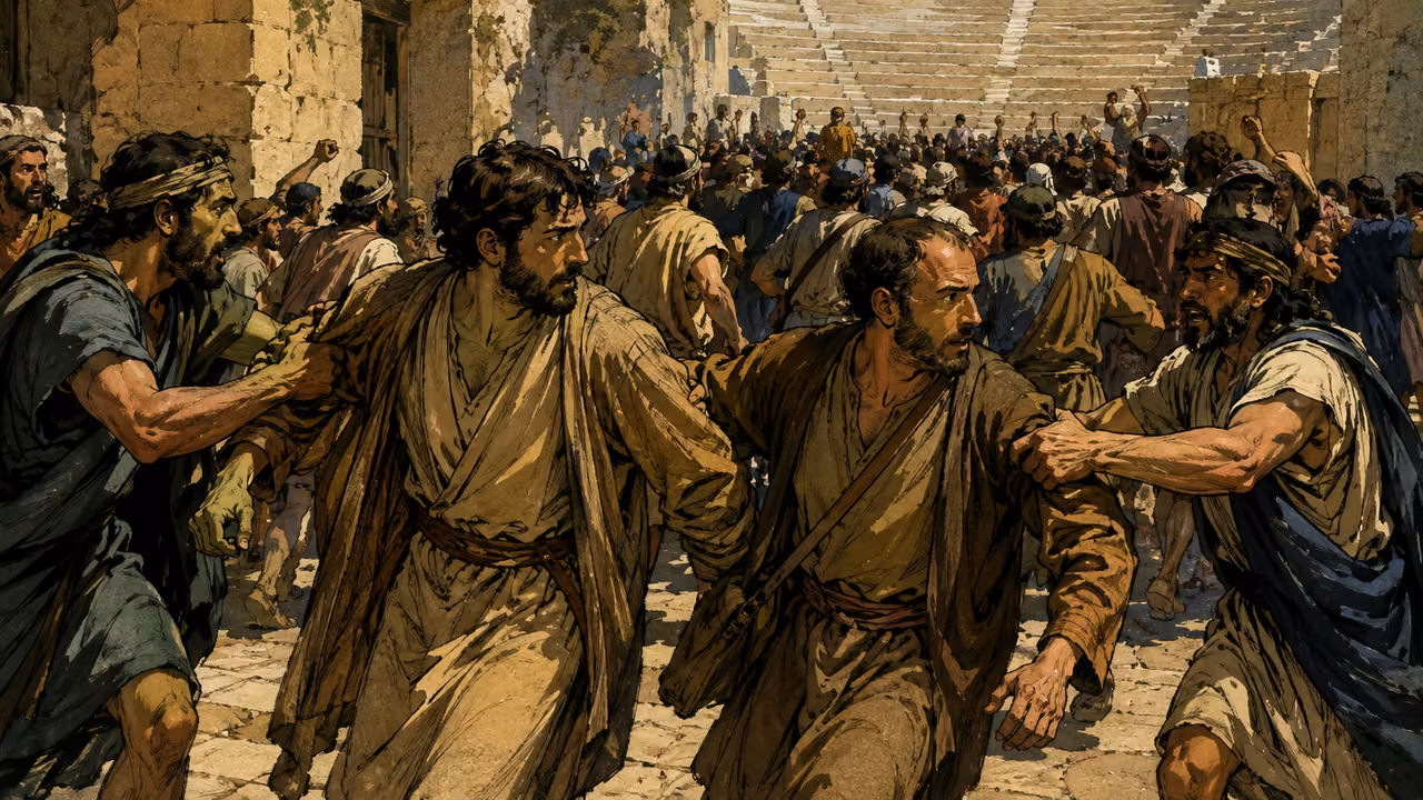 A crowd drags Paul’s companions toward the theater.