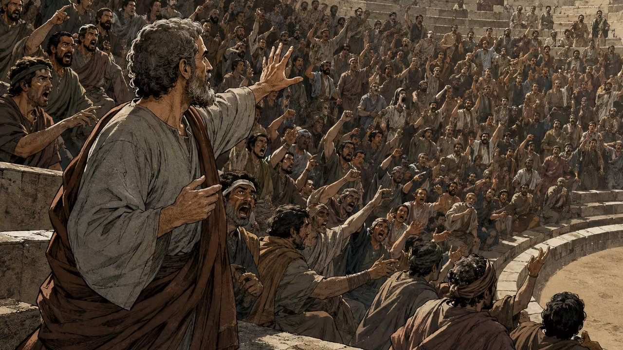 Alexander tries to address a confused and shouting assembly.