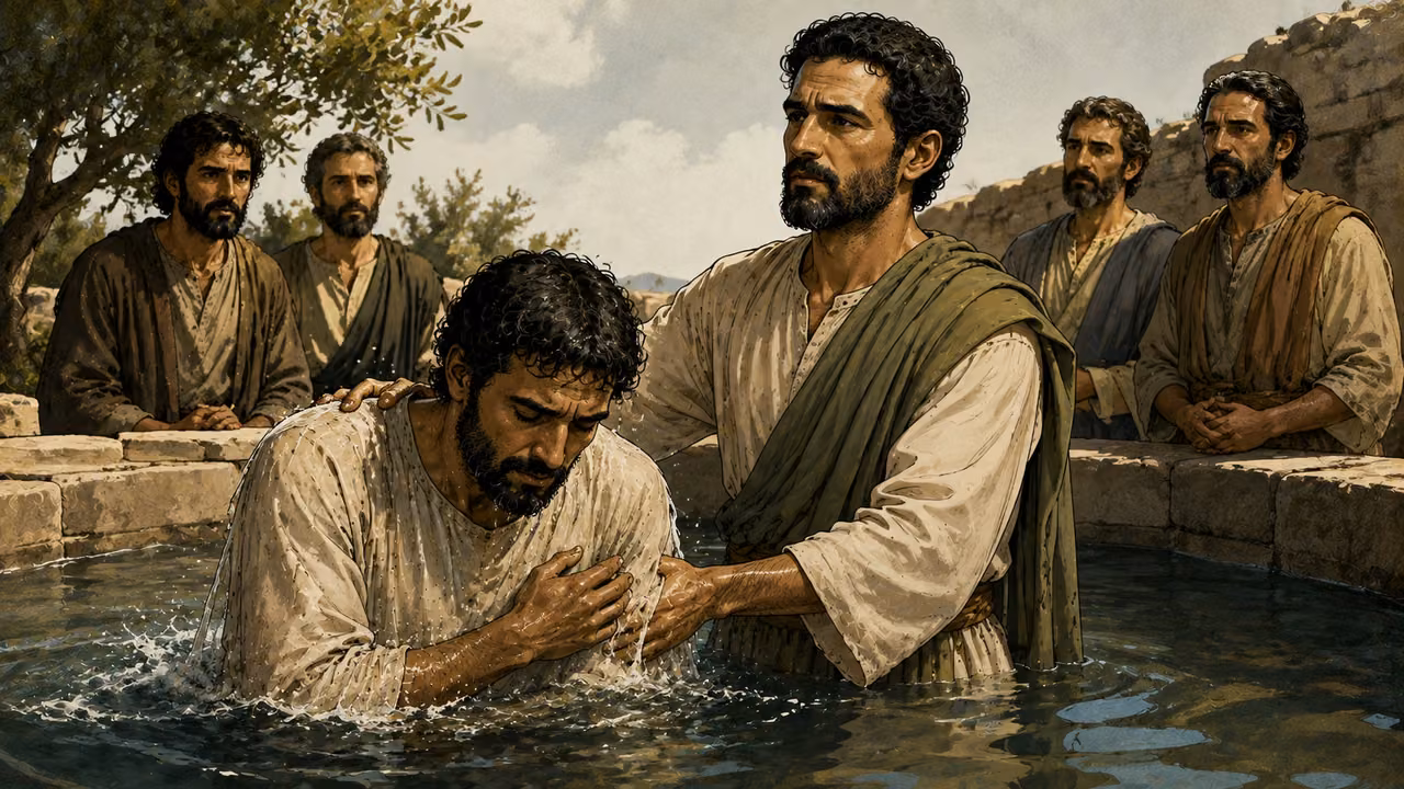 The disciples are baptized in the name of the Lord Jesus.