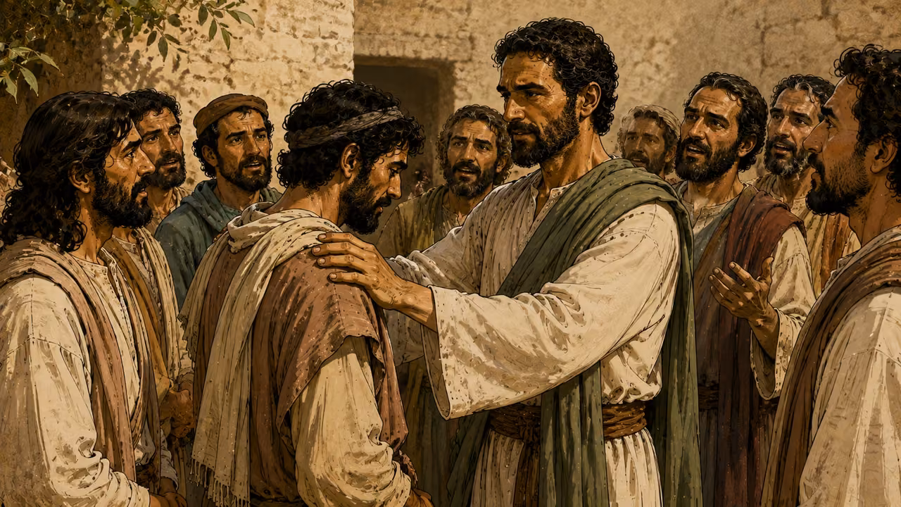Paul lays hands on the disciples, and they speak in tongues and prophesy.