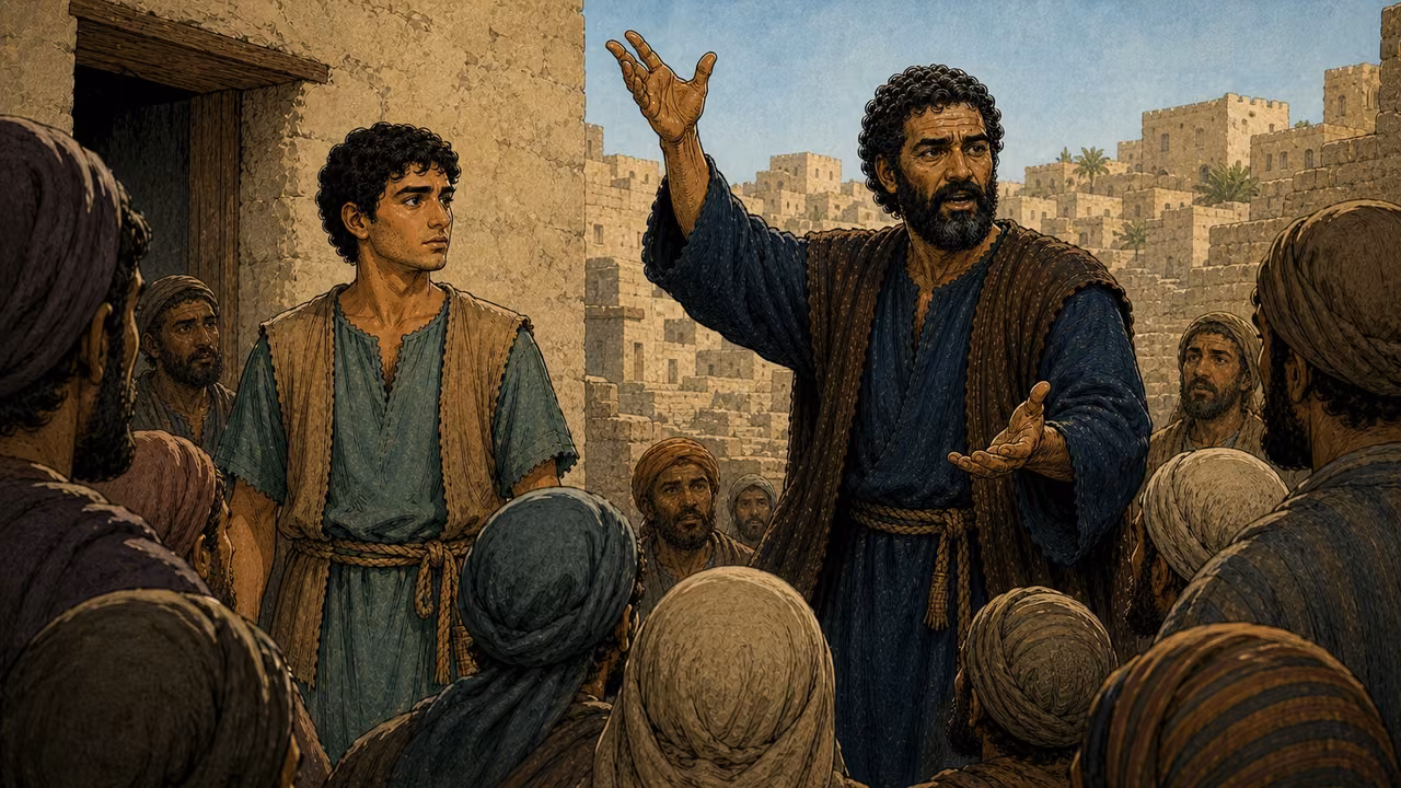 Peter raises his voice with an open hand while John and a larger gathering listen.