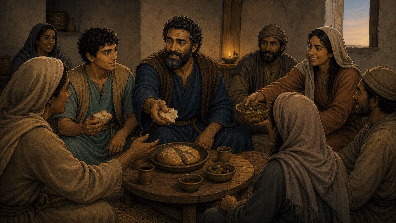 Peter and John share bread at a low table as other believers pass food in an ordinary home.