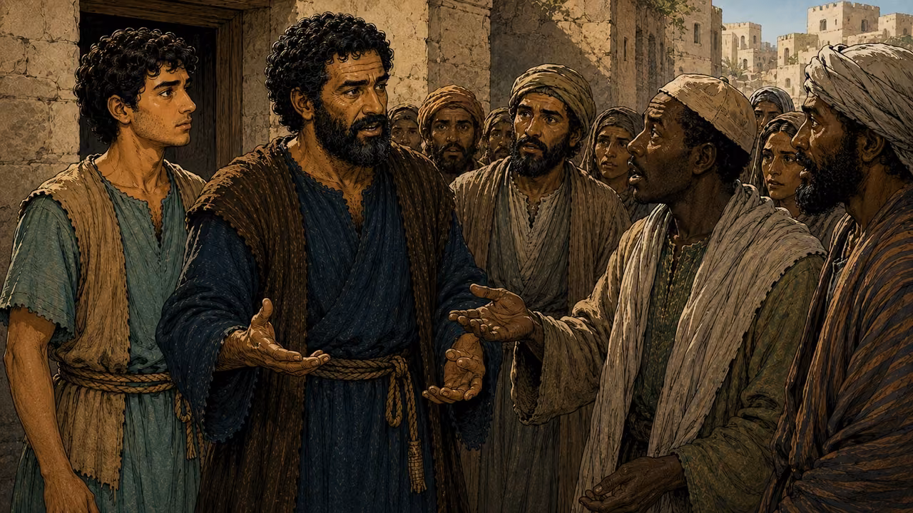 Peter and John speak to an astonished, diverse group of diaspora visitors in a Jerusalem street.
