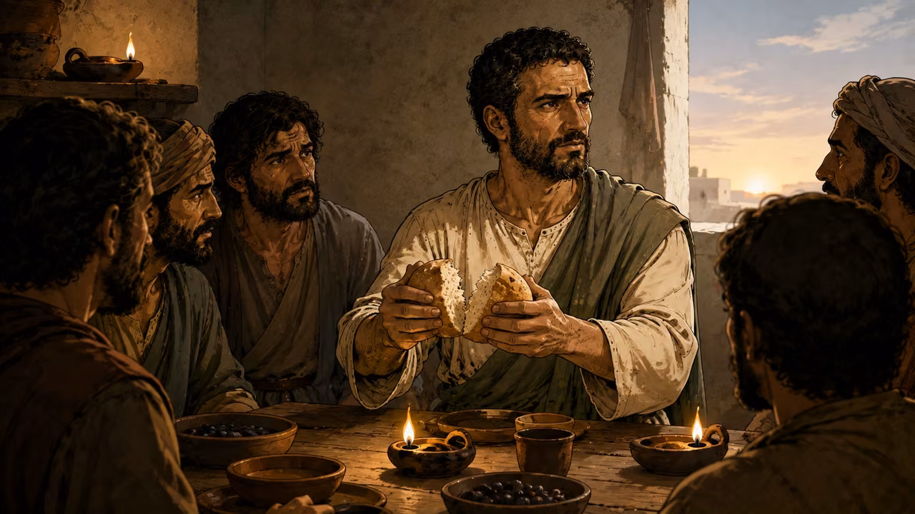 Paul returns upstairs, breaks bread, and talks until dawn.