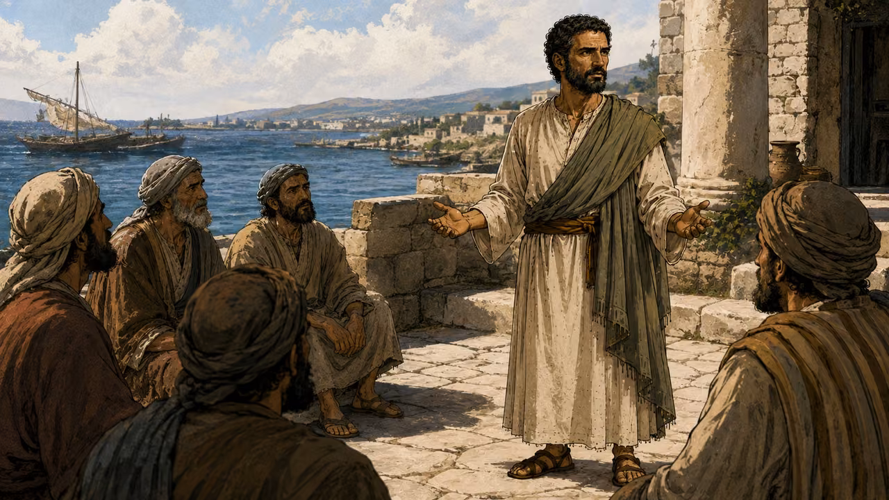 The Ephesian elders come to Paul at Miletus.