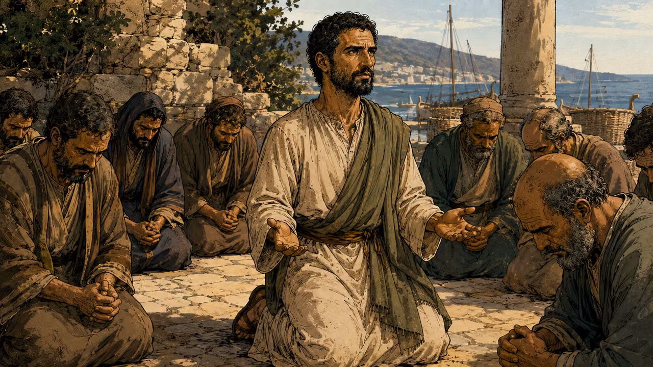 Paul kneels and prays with all the elders.