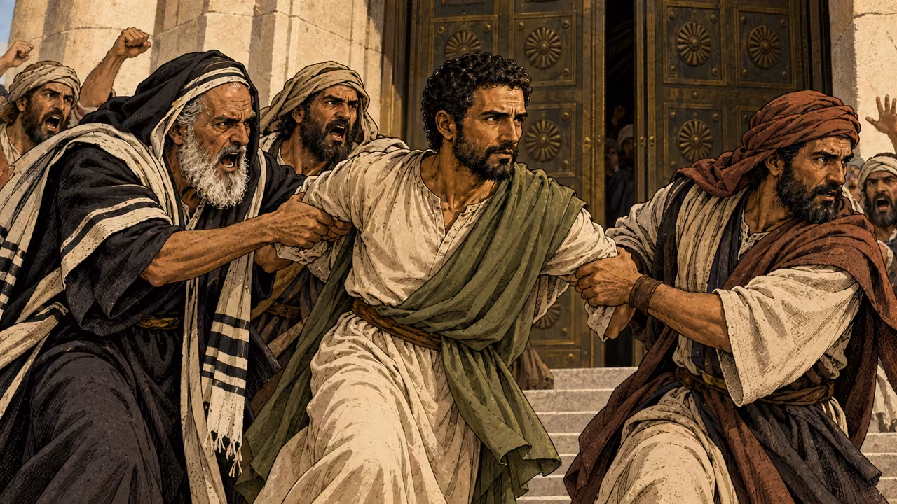 The crowd drags Paul outside, and the temple doors are shut.