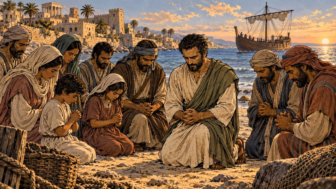 The believers and their families pray together on the beach before saying farewell.