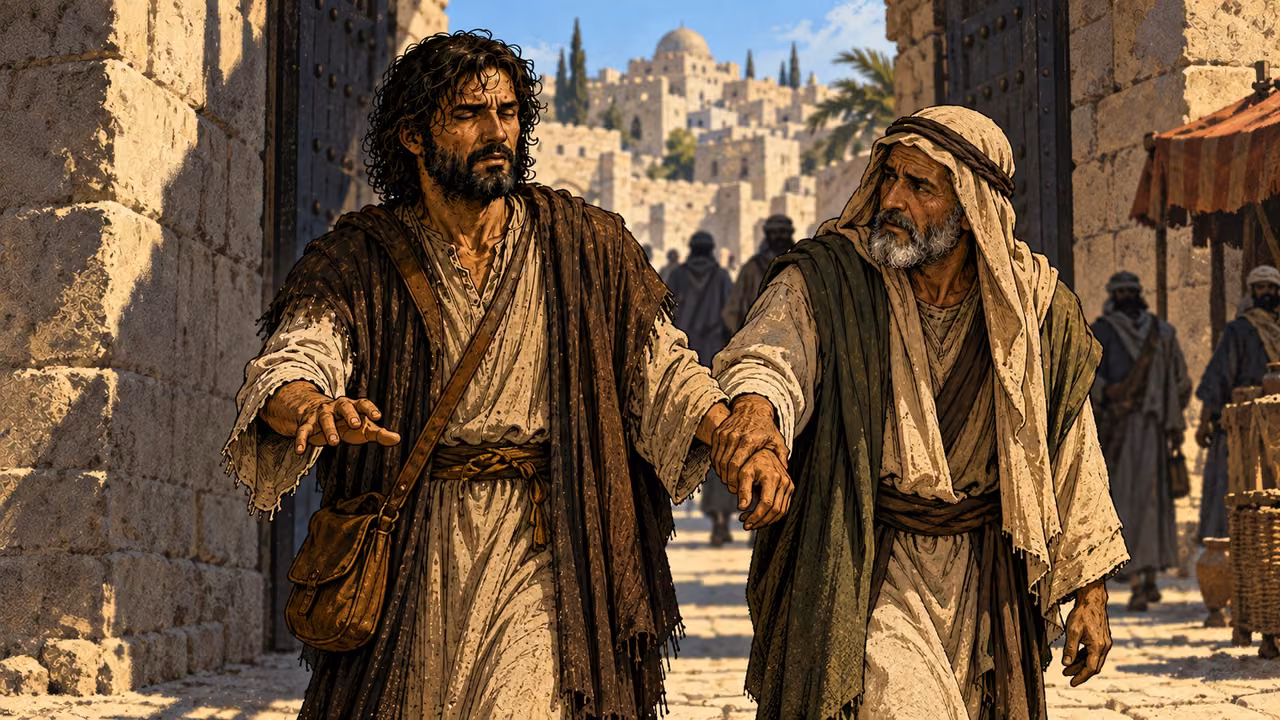 His companions lead the blinded Saul into Damascus.
