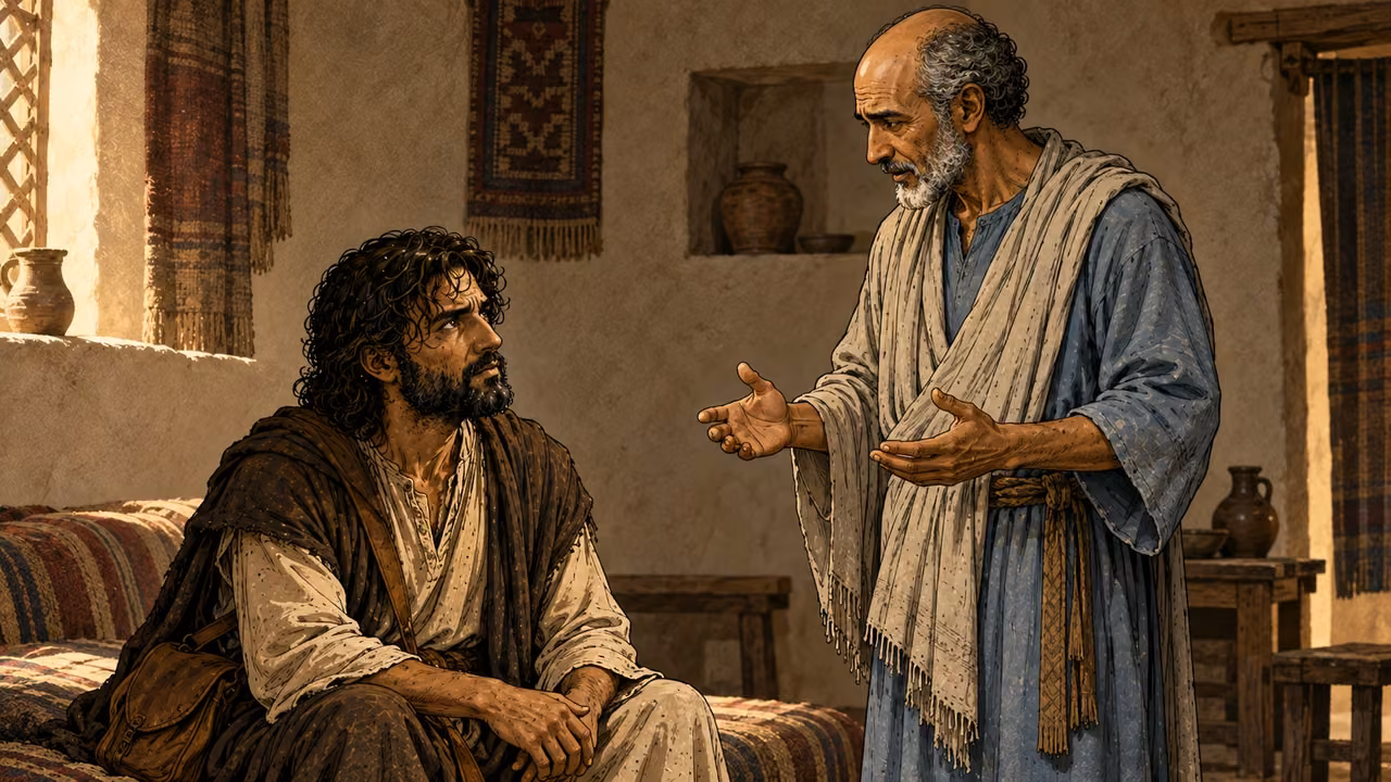 Ananias speaks to Saul as his sight is restored.
