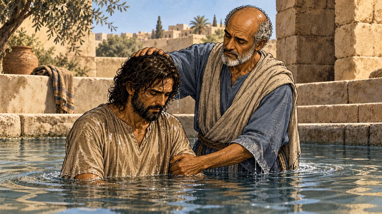 Saul is baptized after Ananias urges him to rise.