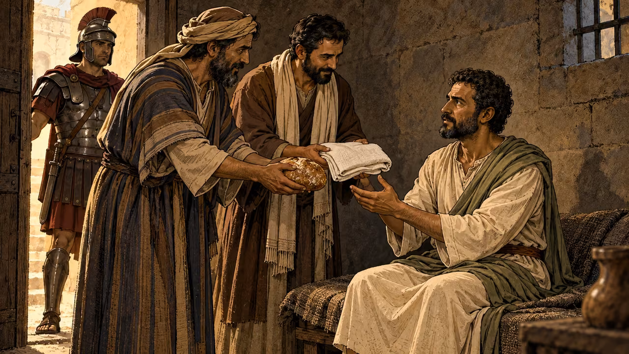 Paul remains guarded, with freedom for his friends to attend to his needs.
