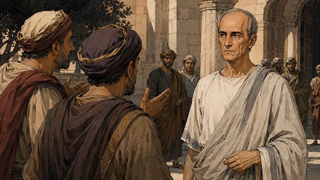 Festus listens to local leaders in a Jerusalem courtyard.
