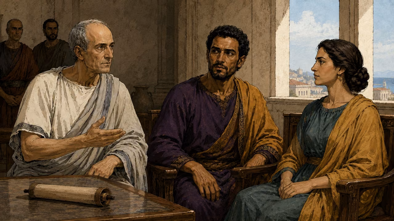 Festus discusses the prisoner with Agrippa and Bernice.