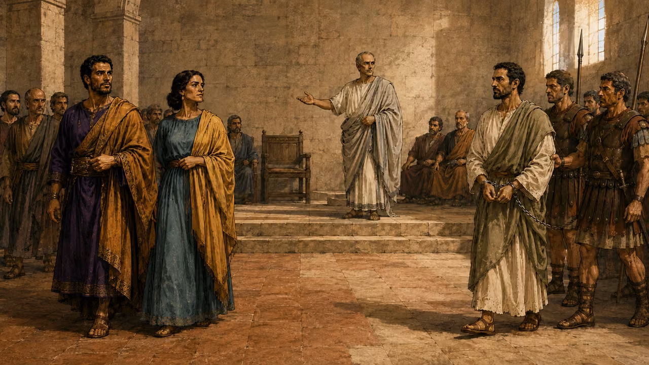 Agrippa and Bernice enter the hall while Paul is brought under guard.