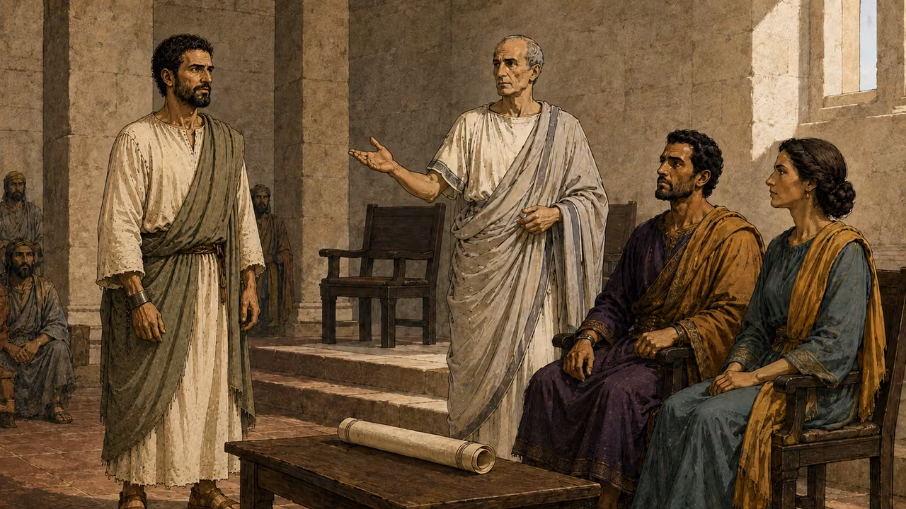 Festus presents Paul to Agrippa and Bernice beside an unmarked scroll.