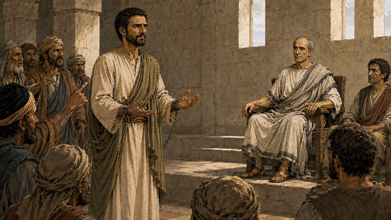 Paul makes his defense before seated Festus and gathered accusers.