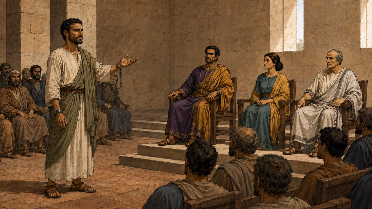 Paul extends his hand as he begins his defense before Agrippa.