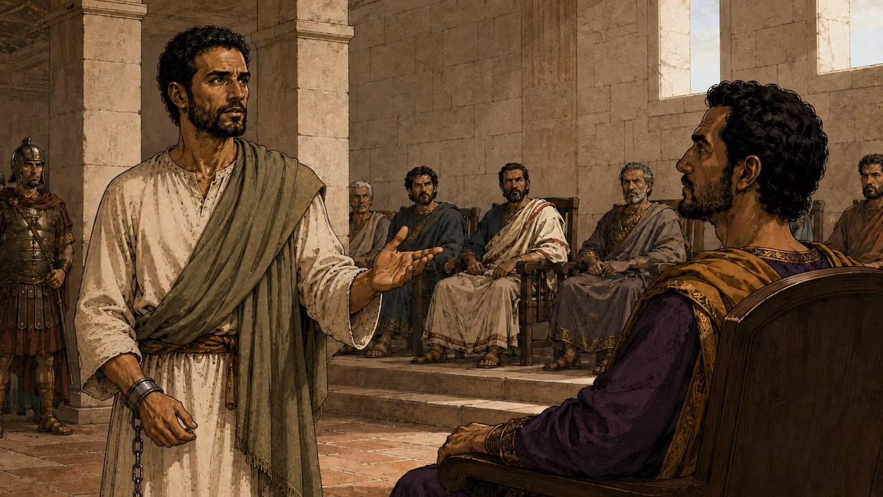 Paul recounts the Damascus calling in the audience hall.
