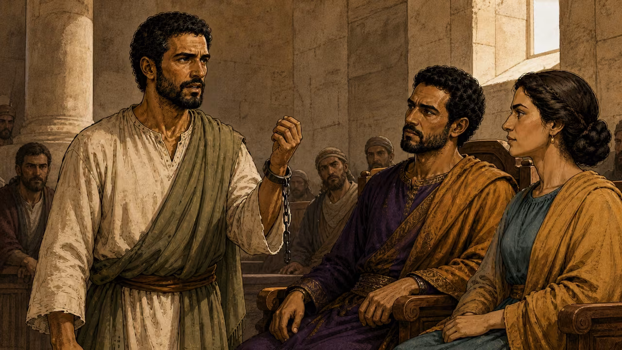 Paul lifts his chained wrist as he appeals to Agrippa.