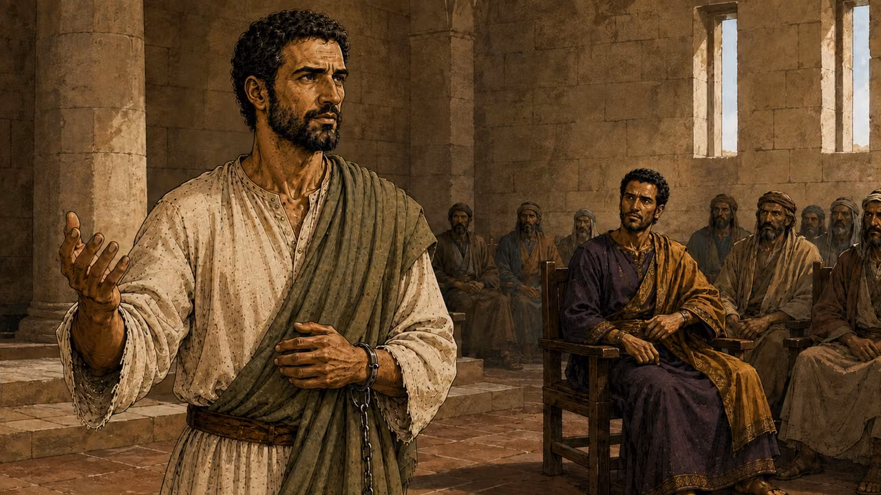 Paul soberly recalls his former opposition while Agrippa listens.