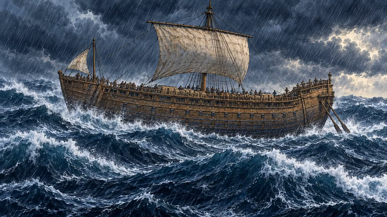 A violent wind catches the ship and drives it off course.