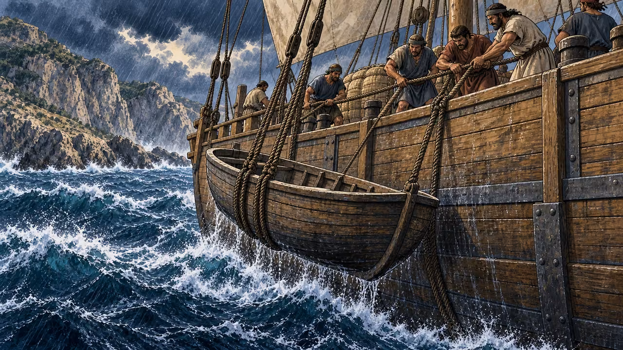 The sailors secure the ship’s boat and reinforce the hull.