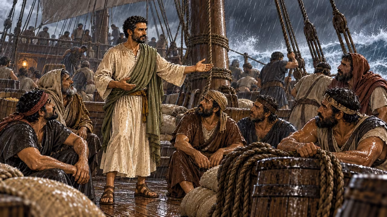 Paul urges everyone to take courage and recounts the promise that their lives will be spared.