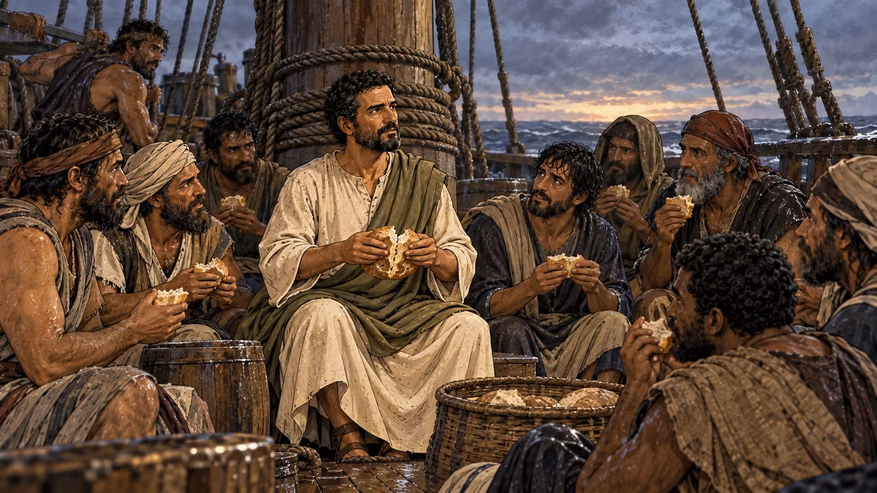Paul gives thanks and breaks bread, encouraging everyone to eat.