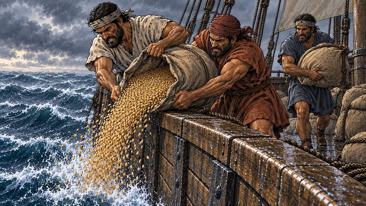 The sailors throw wheat into the sea to lighten the ship.