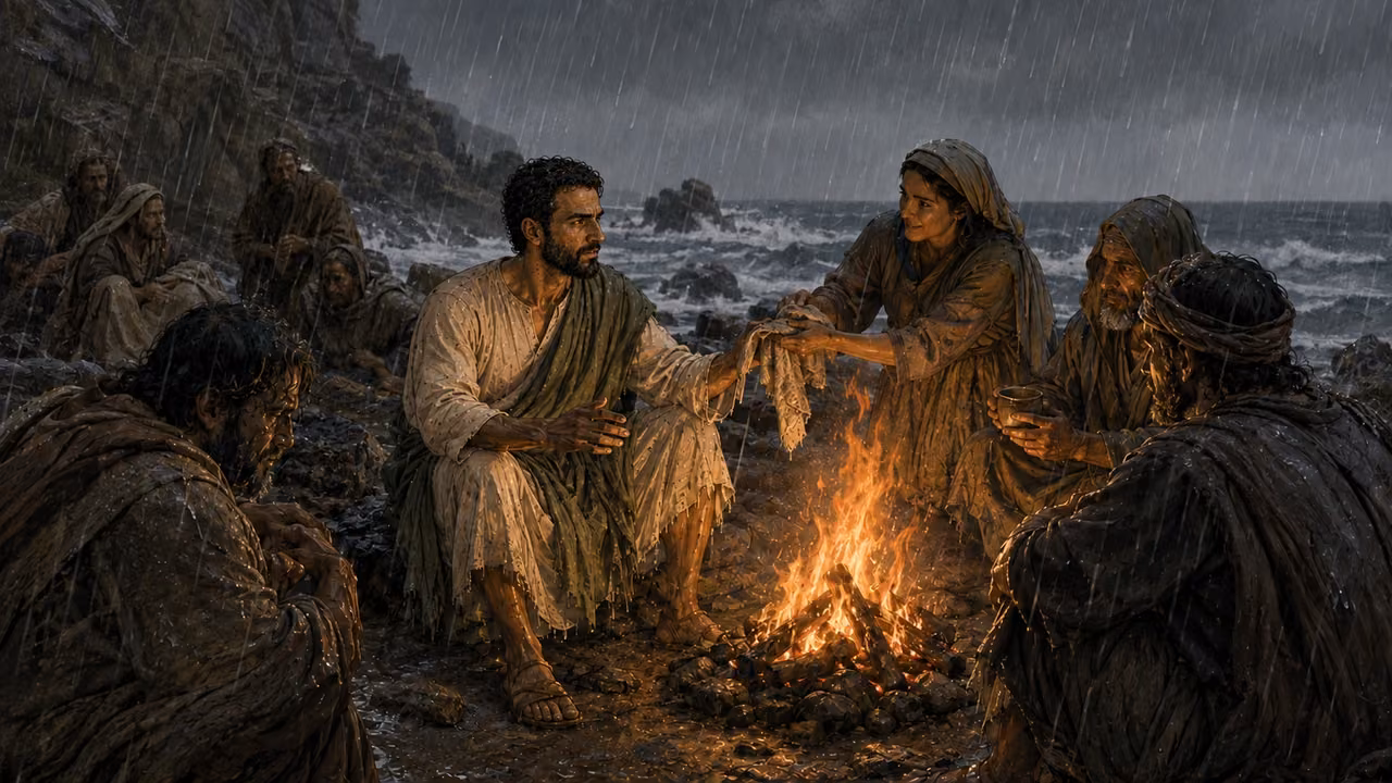 Wet Paul and survivors warm themselves beside a fire tended by islanders on Malta.