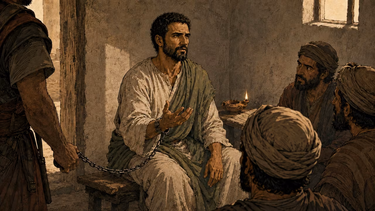 Paul speaks with Jewish leaders in a modest Roman lodging while remaining in custody.