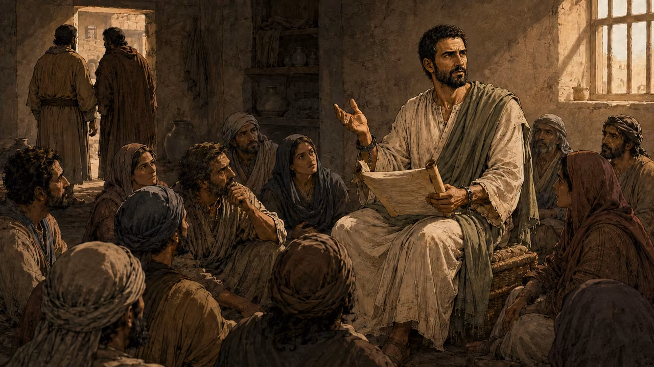 Paul teaches a larger gathering as some listeners remain and others depart.