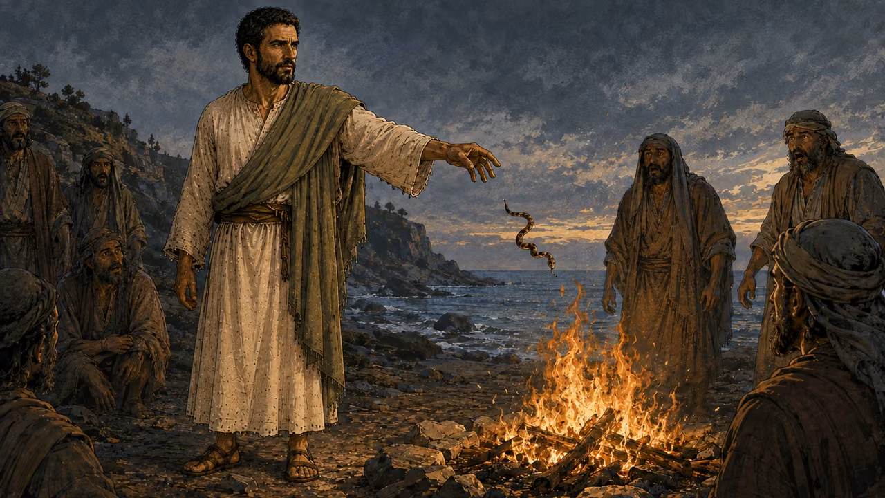 Paul shakes a small viper toward the fire as islanders watch.