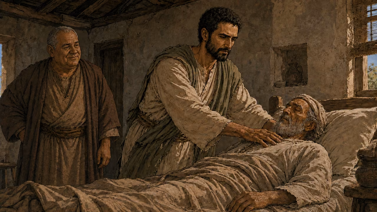Paul lays his hands on an elderly bedridden man while a distinct older host looks on.
