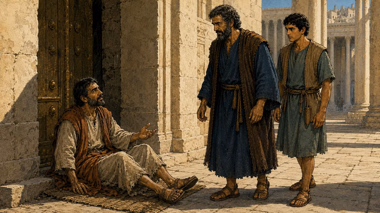 The seated man in a pale tunic and rust wrap watches Peter and John approach.