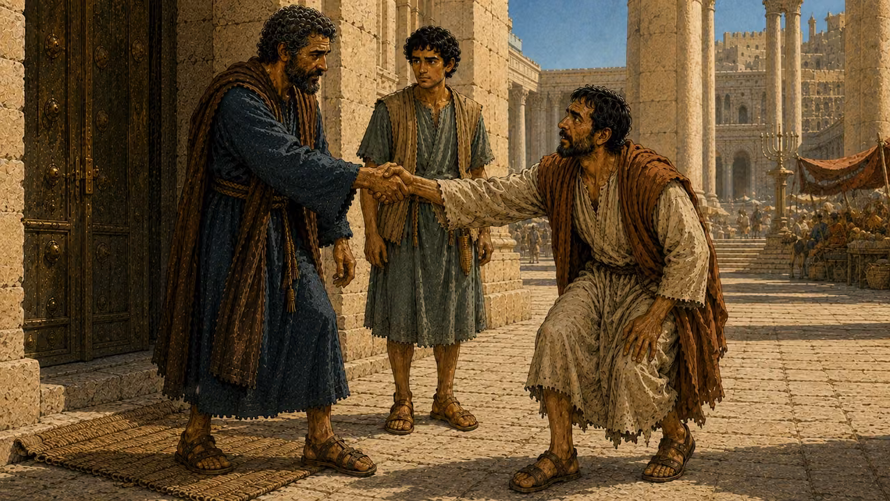 Peter takes the man’s right hand and raises him while John watches.