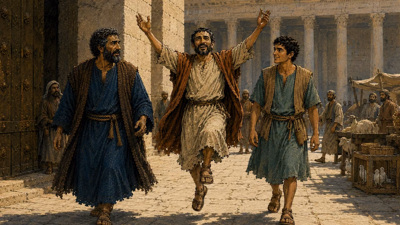 The healed man makes a joyful leap beside Peter and John.
