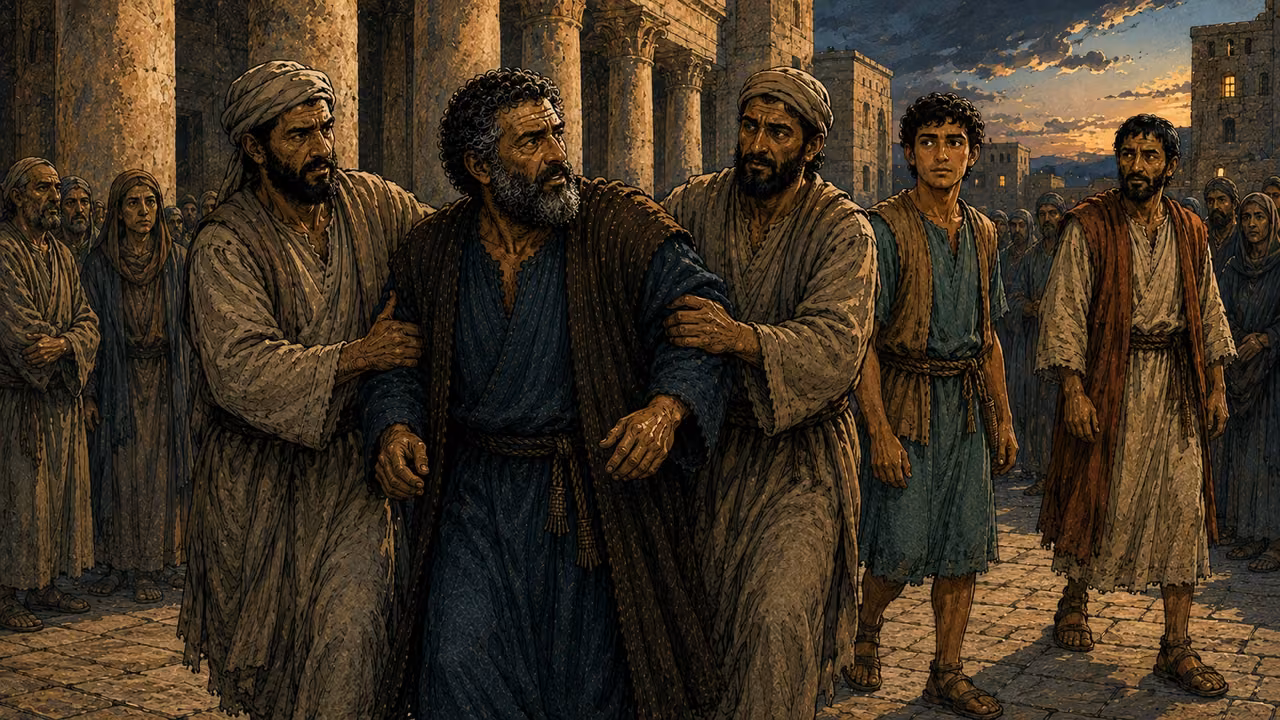 Temple attendants seize Peter while John and the healed man stand nearby in the evening colonnade.