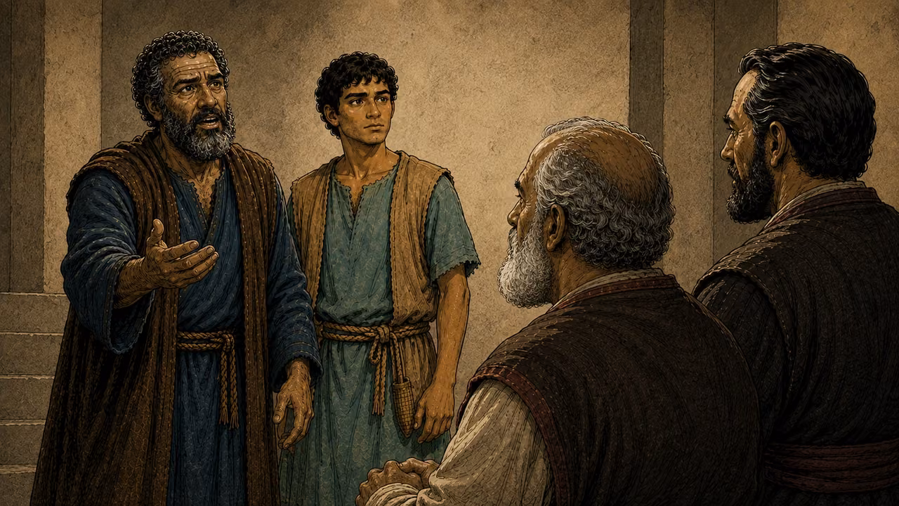 Peter and John answer the warning of Annas and Caiaphas in the same council room.