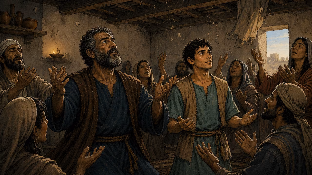 Peter, John and other believers pray with open hands as a little dust falls in their modest gathering room.