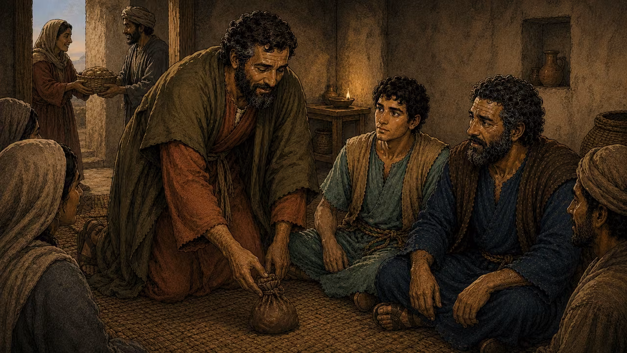 Barnabas places a money pouch near the apostles’ feet while food is shared with others in the room.