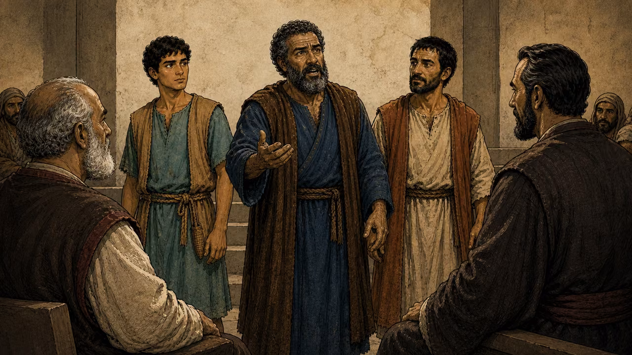 Peter speaks before the distinctly designed Annas and Caiaphas, with John and the healed man standing beside him.