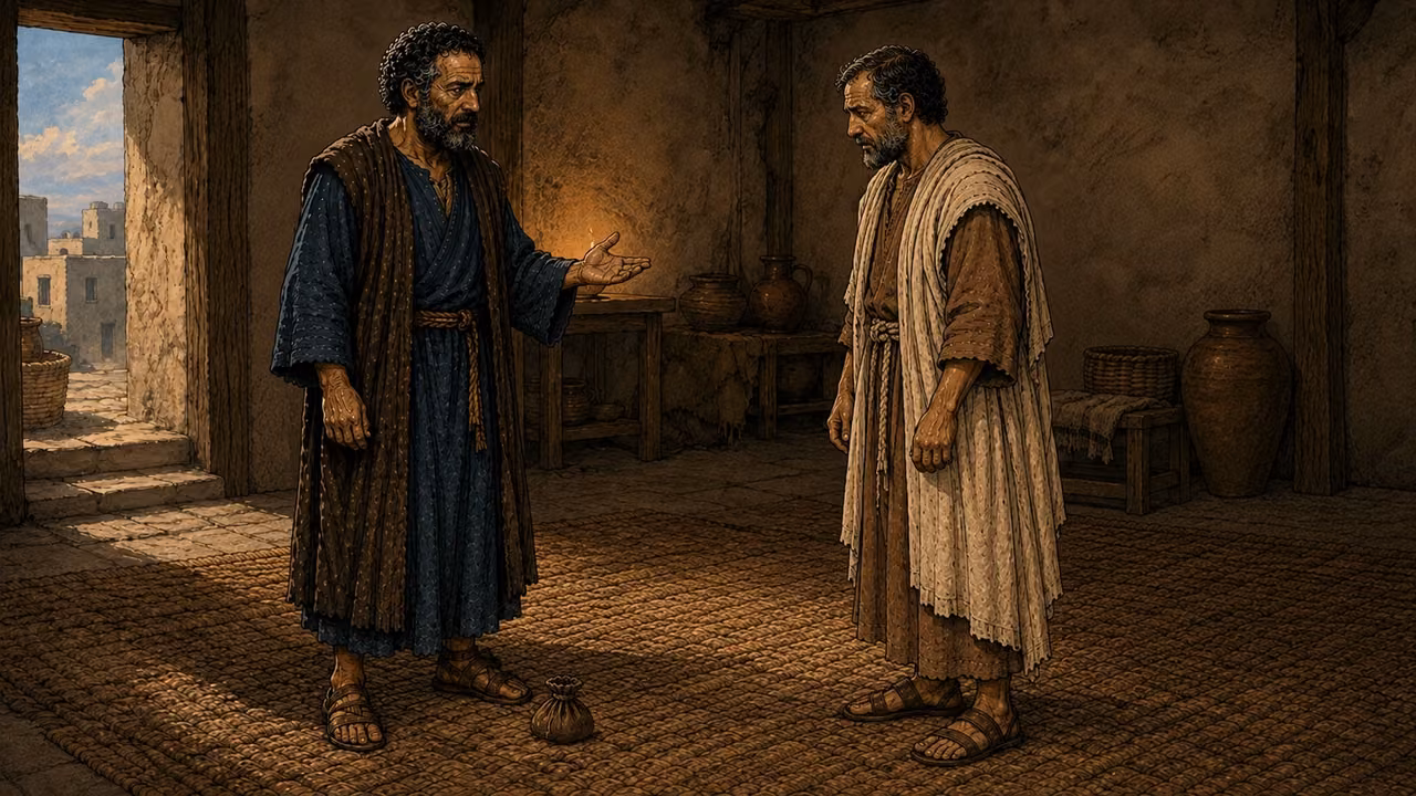 Peter questions Ananias beside a money pouch on the floor.