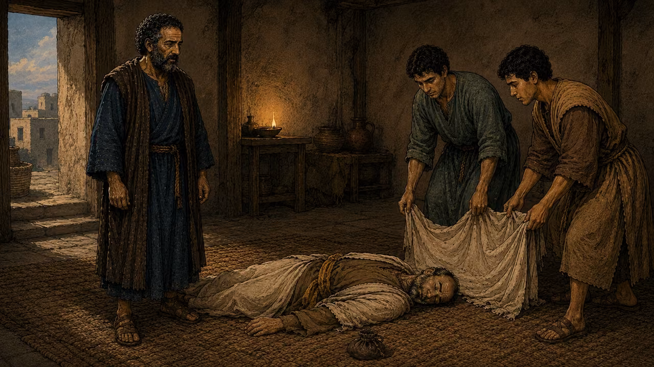 Peter stands solemnly beside Ananias, who lies lifeless on the floor, as two young men prepare a carrying cloth.